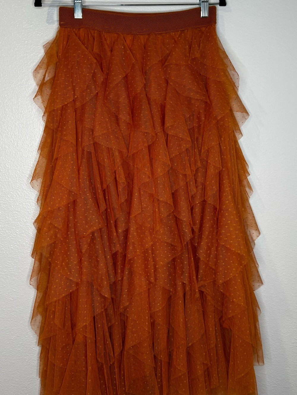 Anthropologie Orange Tiered Dot-Pattern Tulle Maxi Skirt